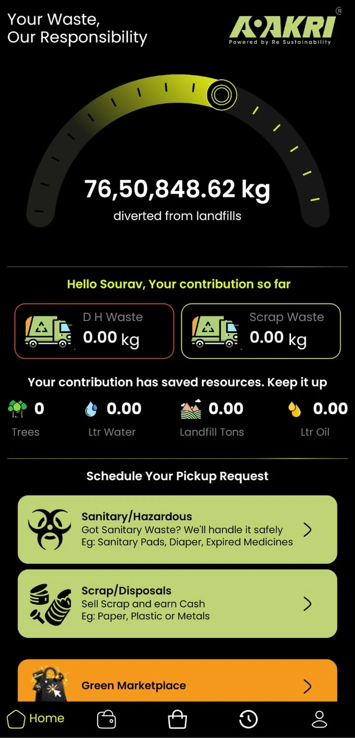 Aakri app home screen with pickup types