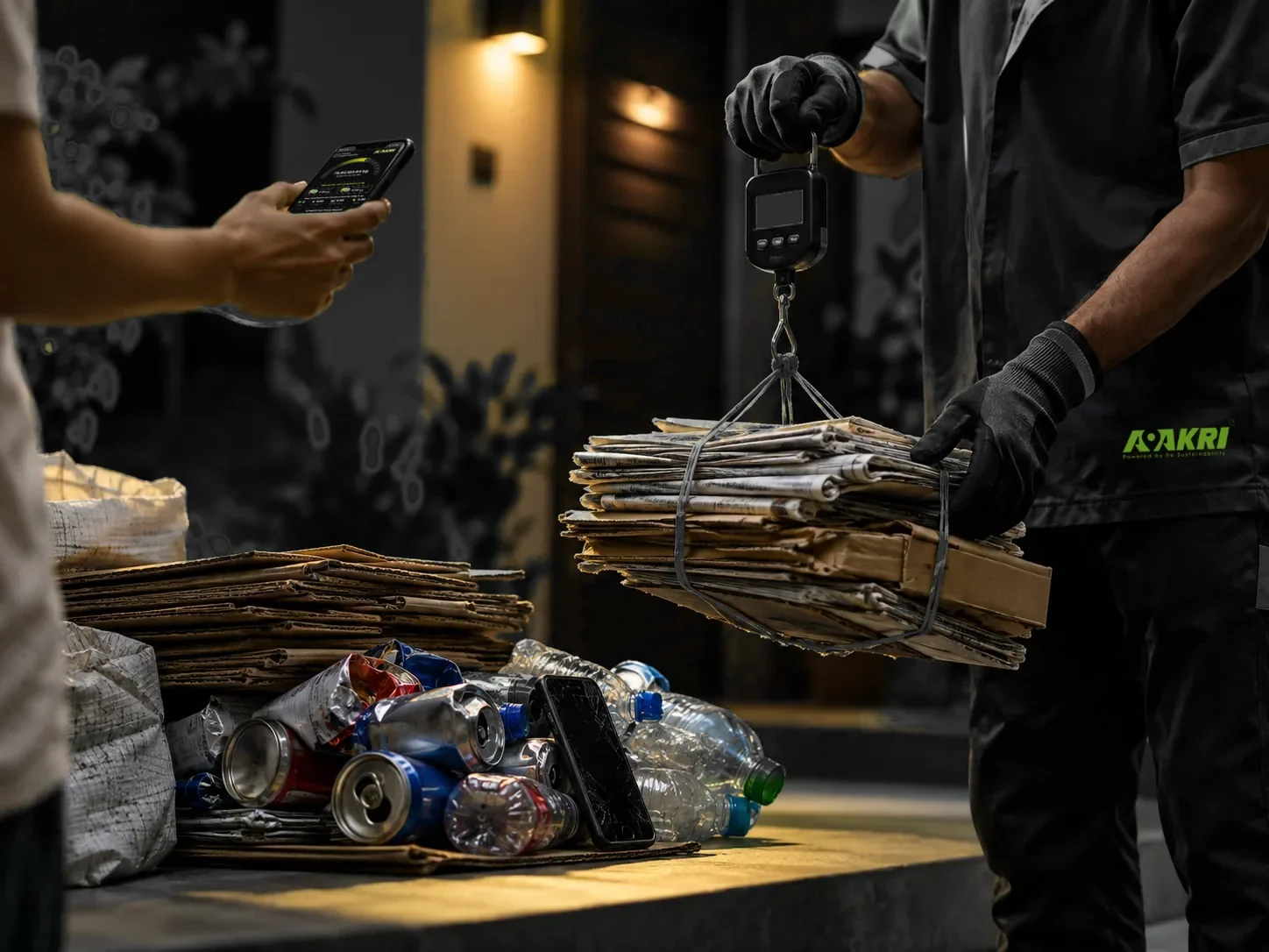 Aakri pickup partner weighing bundled newspaper and cardboard on a digital scale at a doorstep