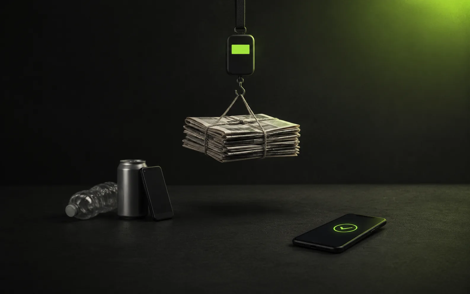 A bundle of newspapers weighed on a hanging digital scale, with a plastic bottle, a metal can and an old phone below, and a phone showing a payment confirmed