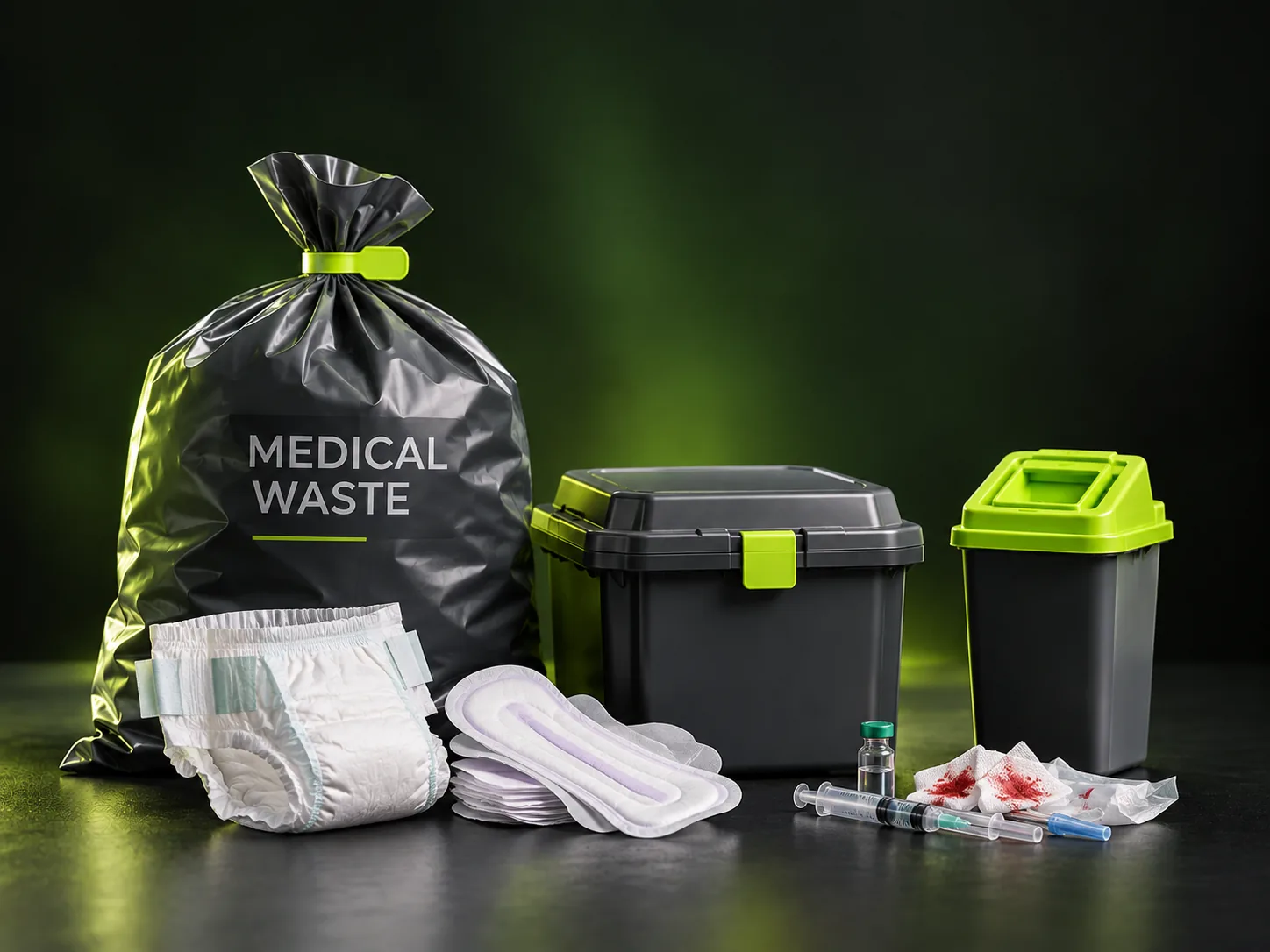 Sealed medical waste bag, bins, diapers, sanitary pads and syringes ready for safe disposal